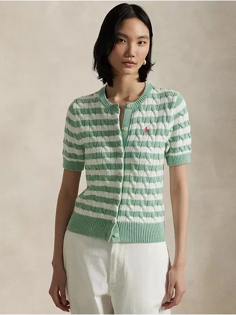 Ralph Lauren Mint Green & White Striped Cable-Knit Short Sleeve Cardigan